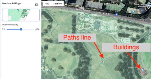 Check features like paths and buildings are aligned